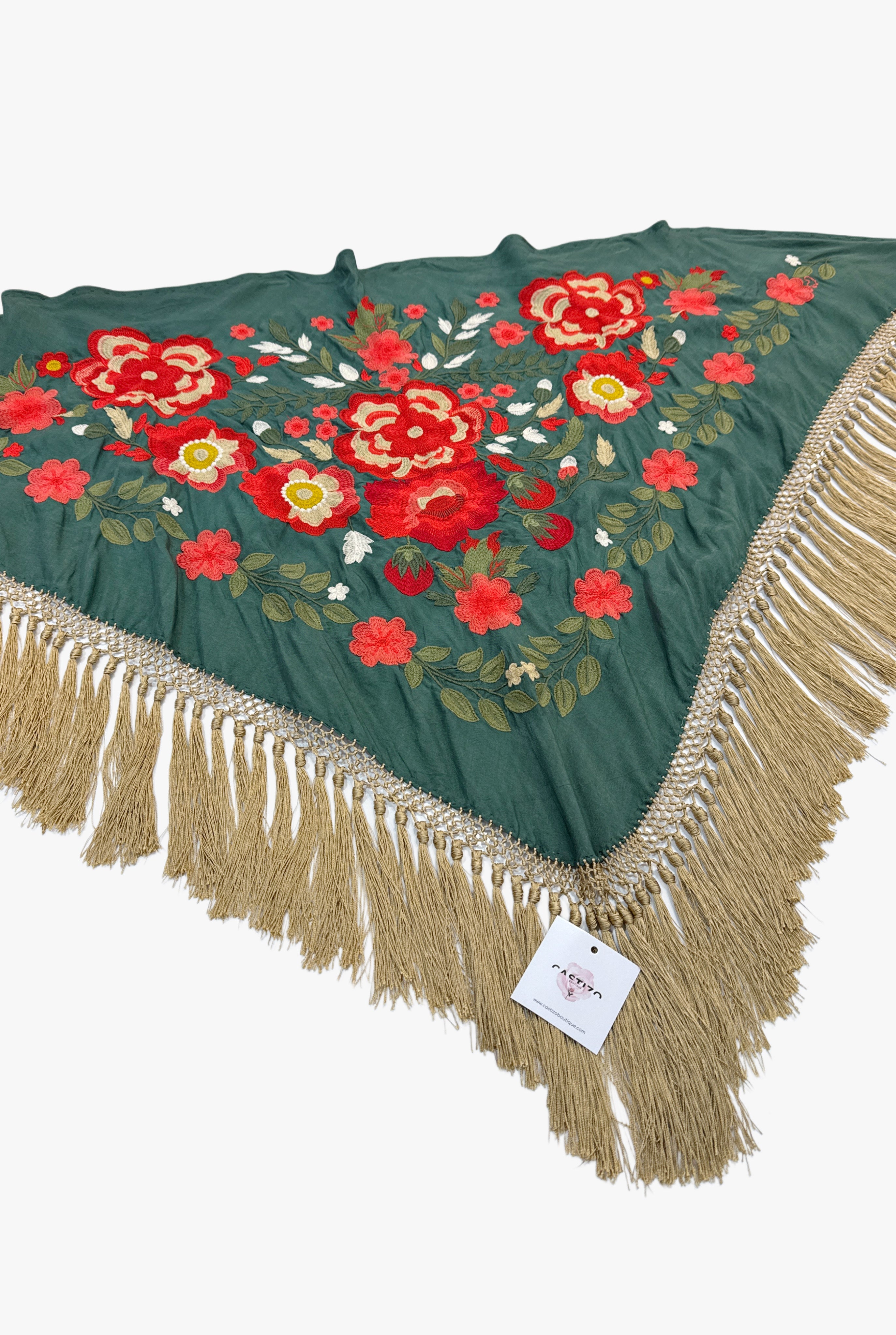 Mantoncillo seda verde botella y dorado