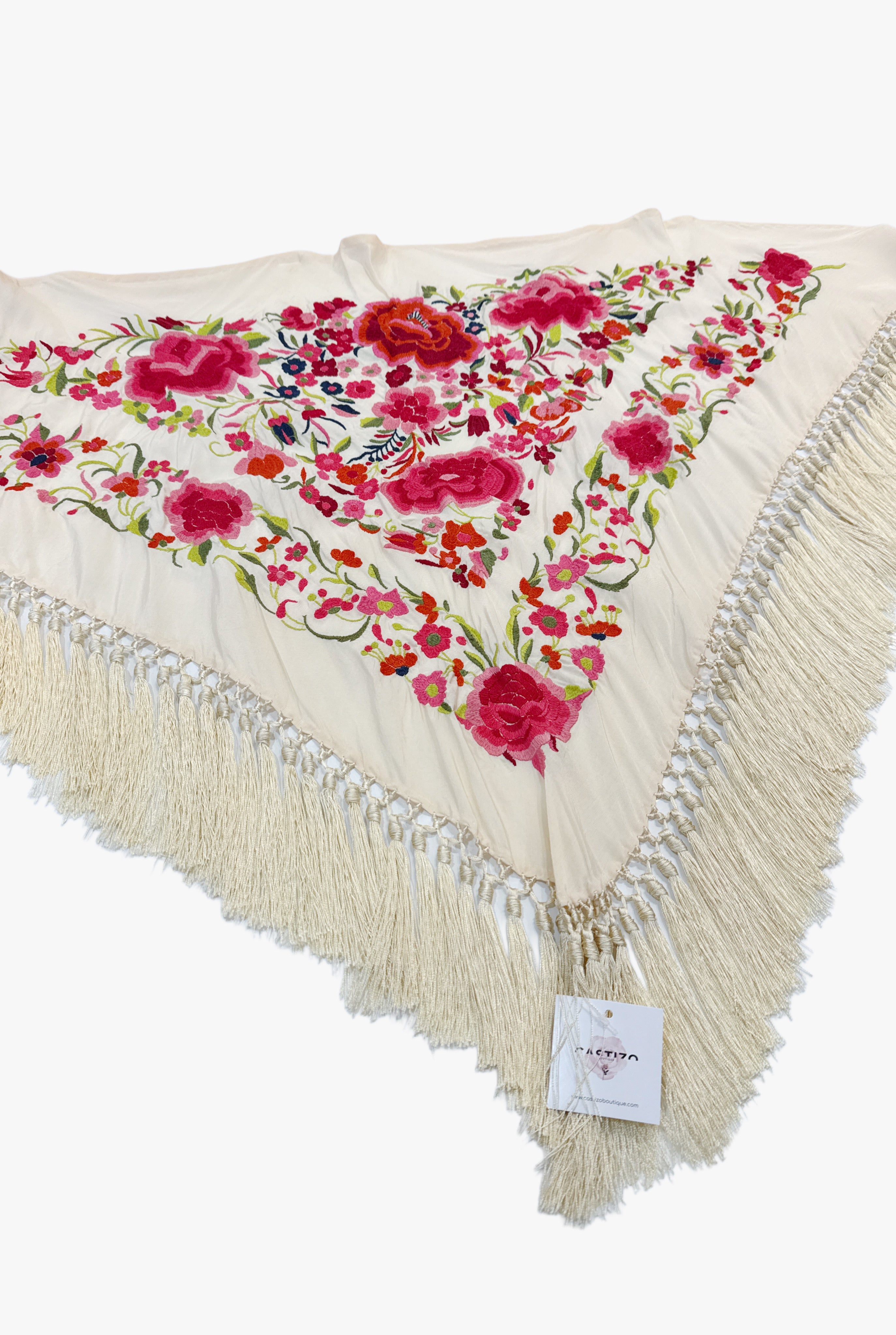 Mantoncillo seda beige y fucsia