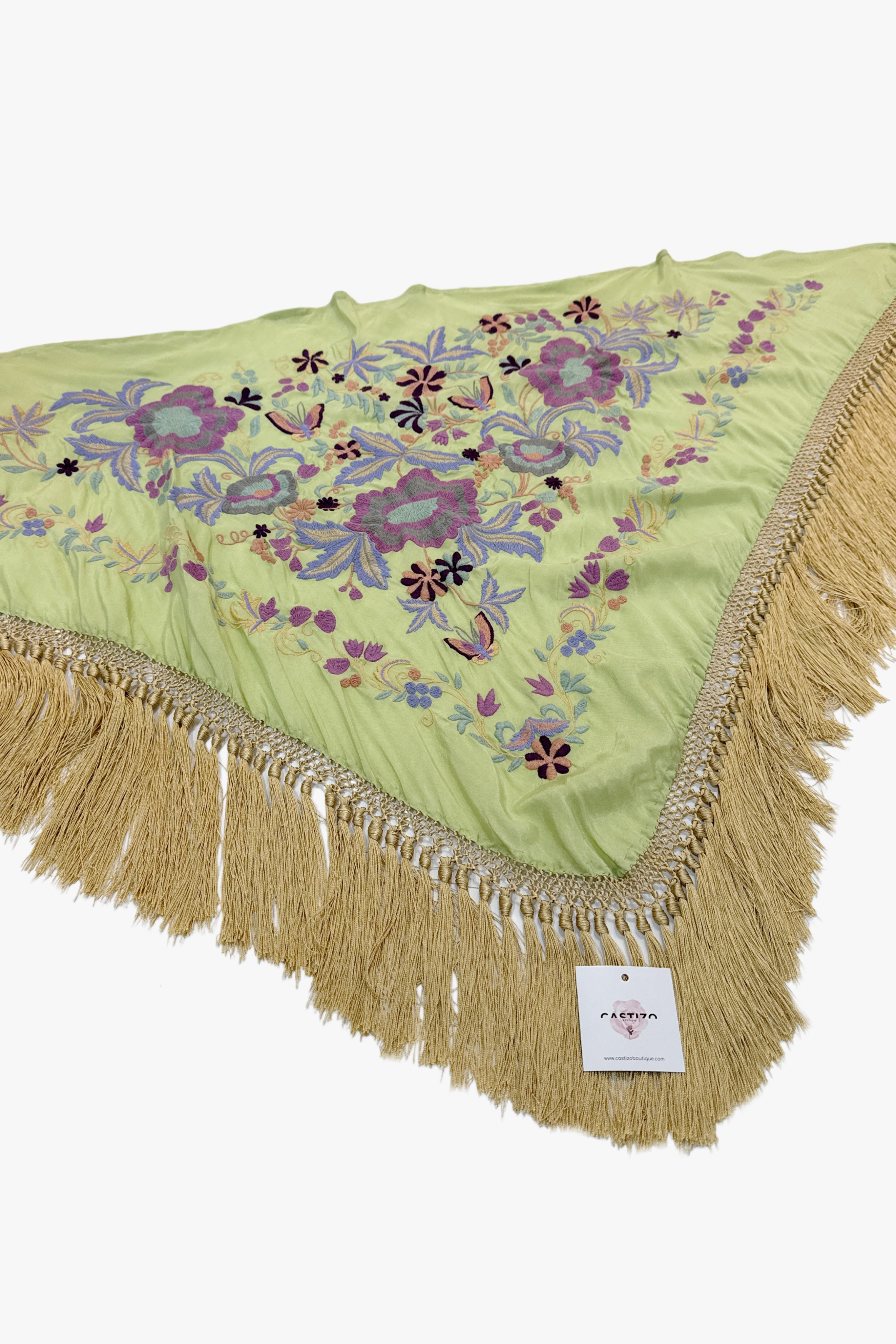 Mantoncillo seda verde jabonoso y dorado