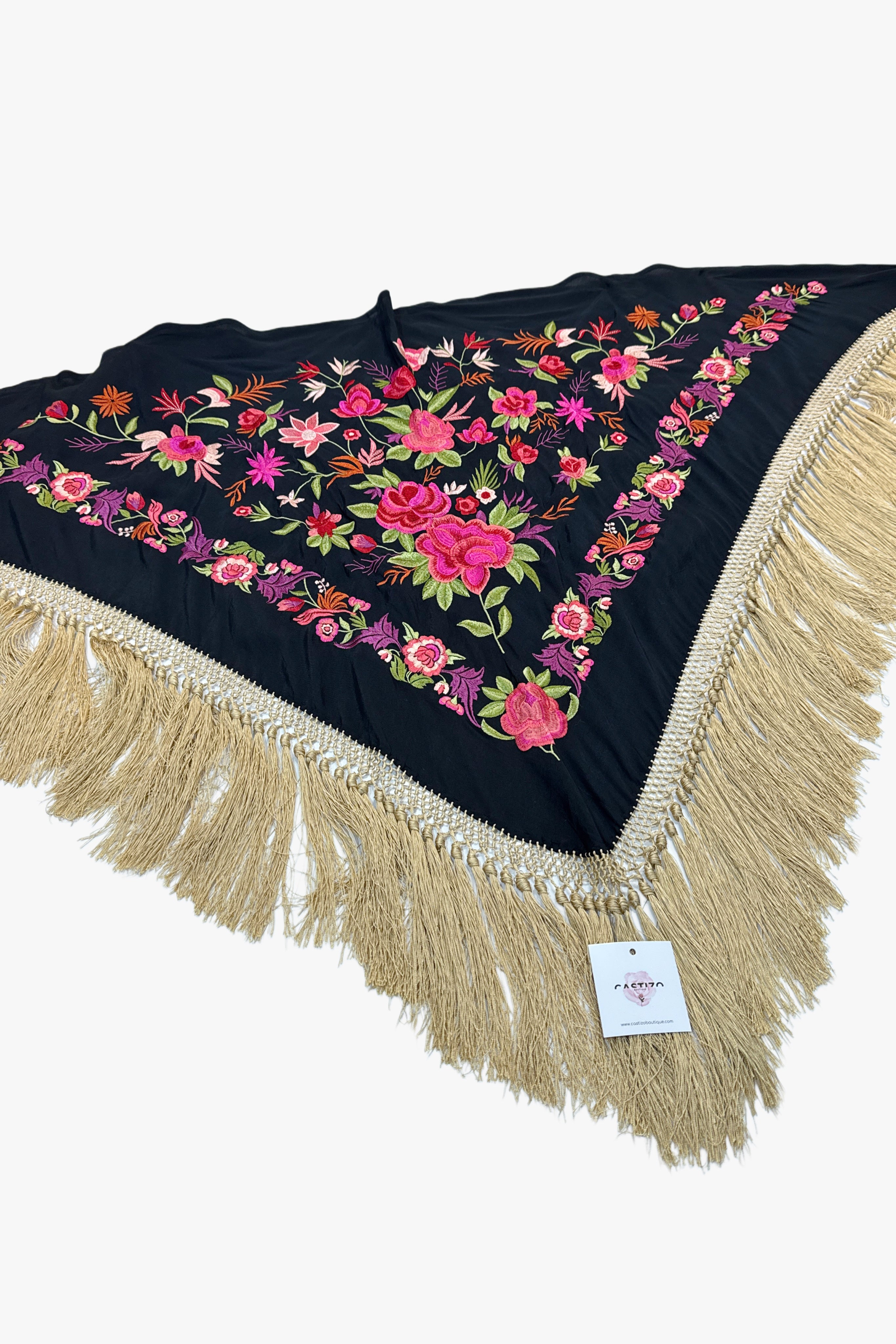 Mantoncillo seda negro, fucsia y dorado