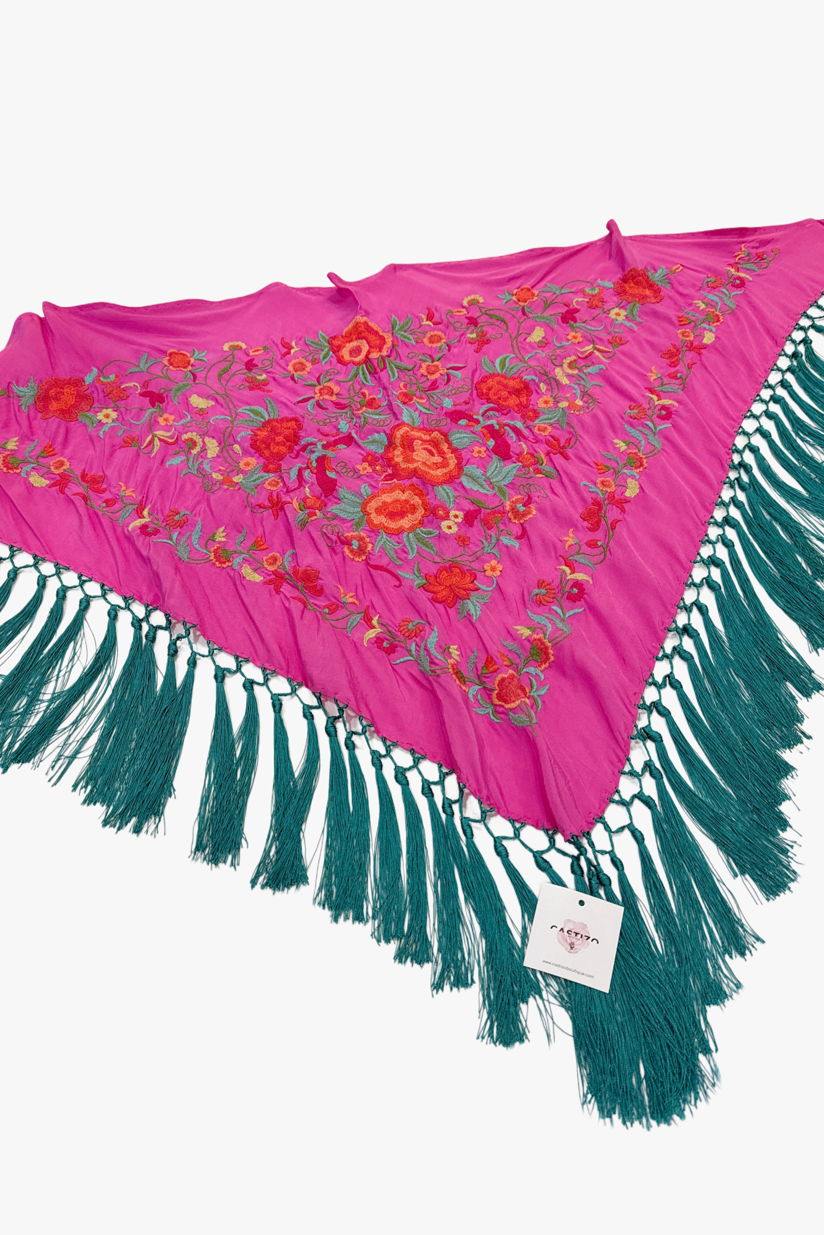 Mantoncillo seda fucsia y turquesa